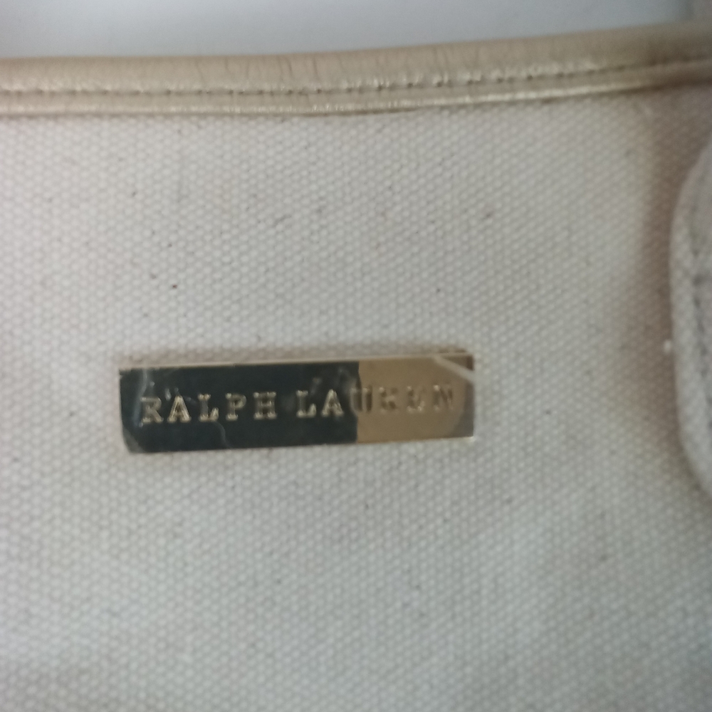 Ralph Lauren Cream Canvas Tote Bag Gold Vegan Leather NWOT - Picture 5 of 10